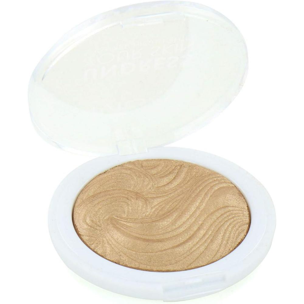 MUA Shimmer Highlight Powder in Golden Afterglow, opened to show the shimmering gold powder with a textured design