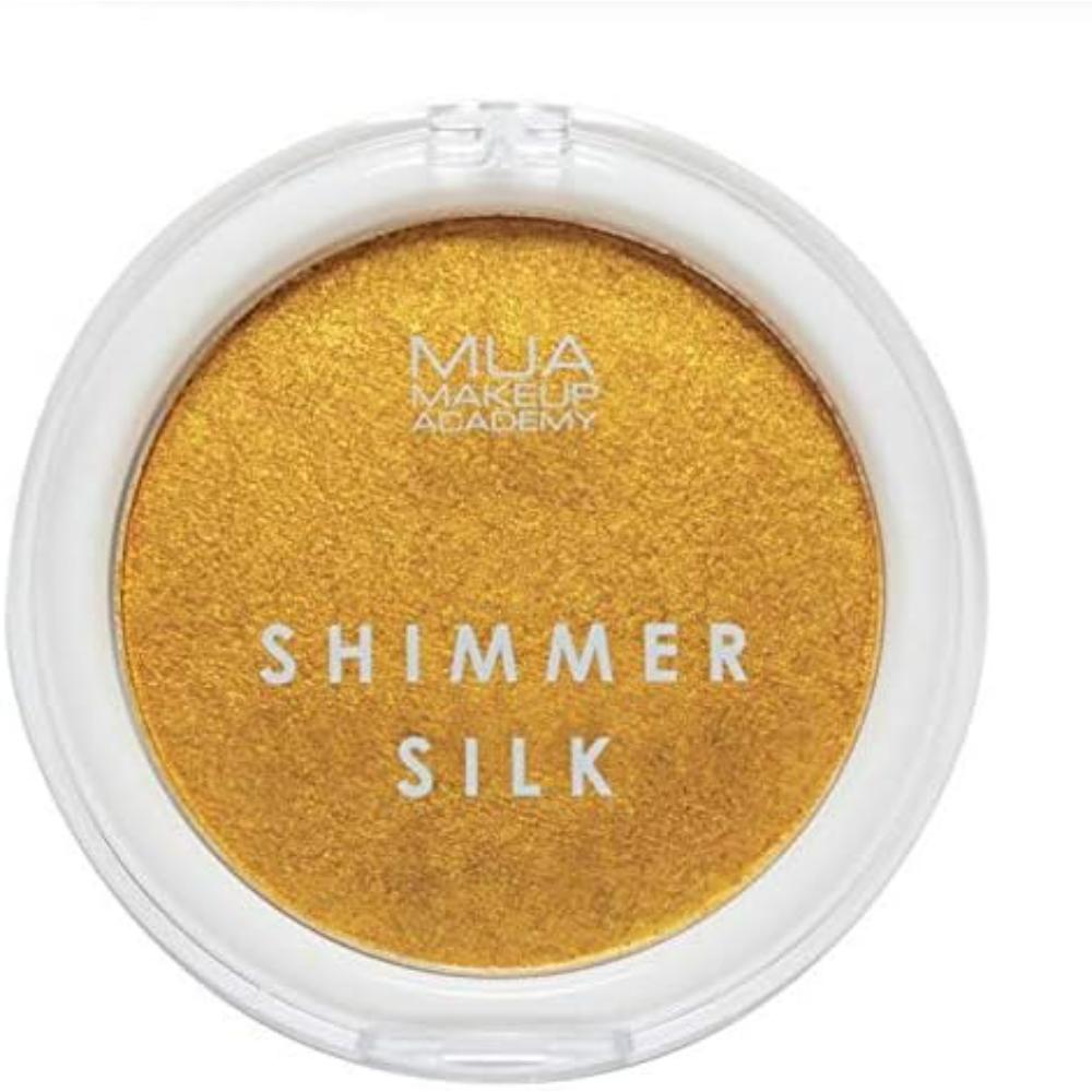 MUA Shimmer Silk Highlight Powder compact in shade Dazzle, golden shimmer finish for radiant glow