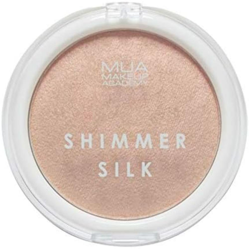 MUA Shimmer Silk Highlight Powder in First Light with a smooth champagne shimmer, compact closed.