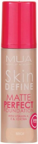 MUA Skin Define Matte Perfect Foundation bottle with beige shade and red cap on a white background
