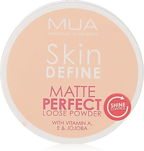 MUA Skin Define Matte Perfect Loose Powder in Beige shade, 15g compact jar with shine control formula, enriched with Vitamin A, E & Jojoba for smooth matte finish