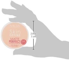 MUA Skin Define Matte Perfect Loose Powder Beige 15g shown in hand scale reference, compact size 2.8 inches (7cm) for travel-friendly makeup application and touch-ups