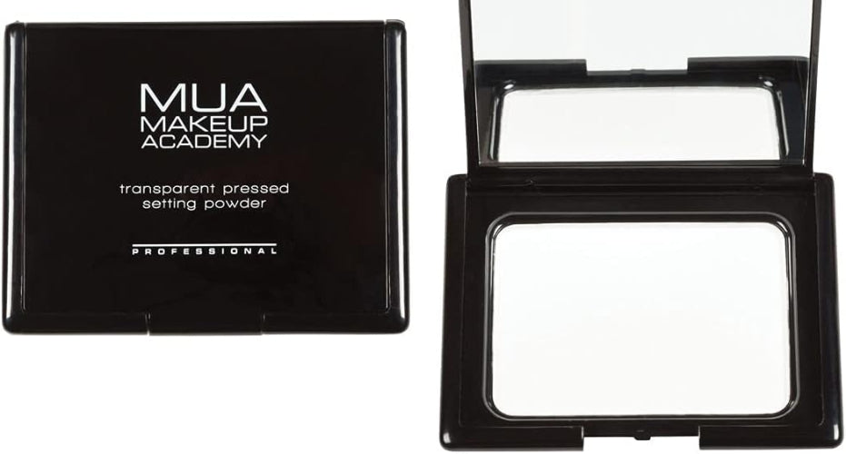 MUA Makeup Academy transparent pressed setting powder in an open case on a white background