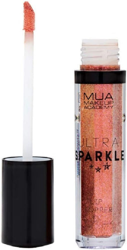 MUA Ultra Sparkle Lip Topper Torch open with applicator wand showing glittery copper-orange shade