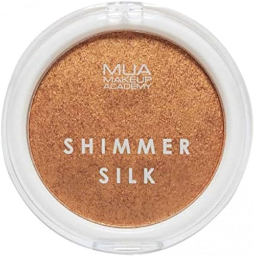 MUA Shimmer Silk Highlight Powder in shade Golden Hour compact with shimmering golden tones