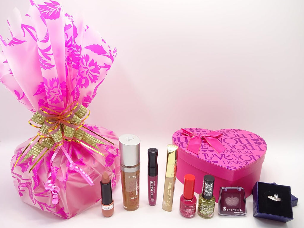 Make Up Bundle Gift Hamper with Rimmel 7pc Set, free crystal ring, heart-shaped pink box, and makeup items