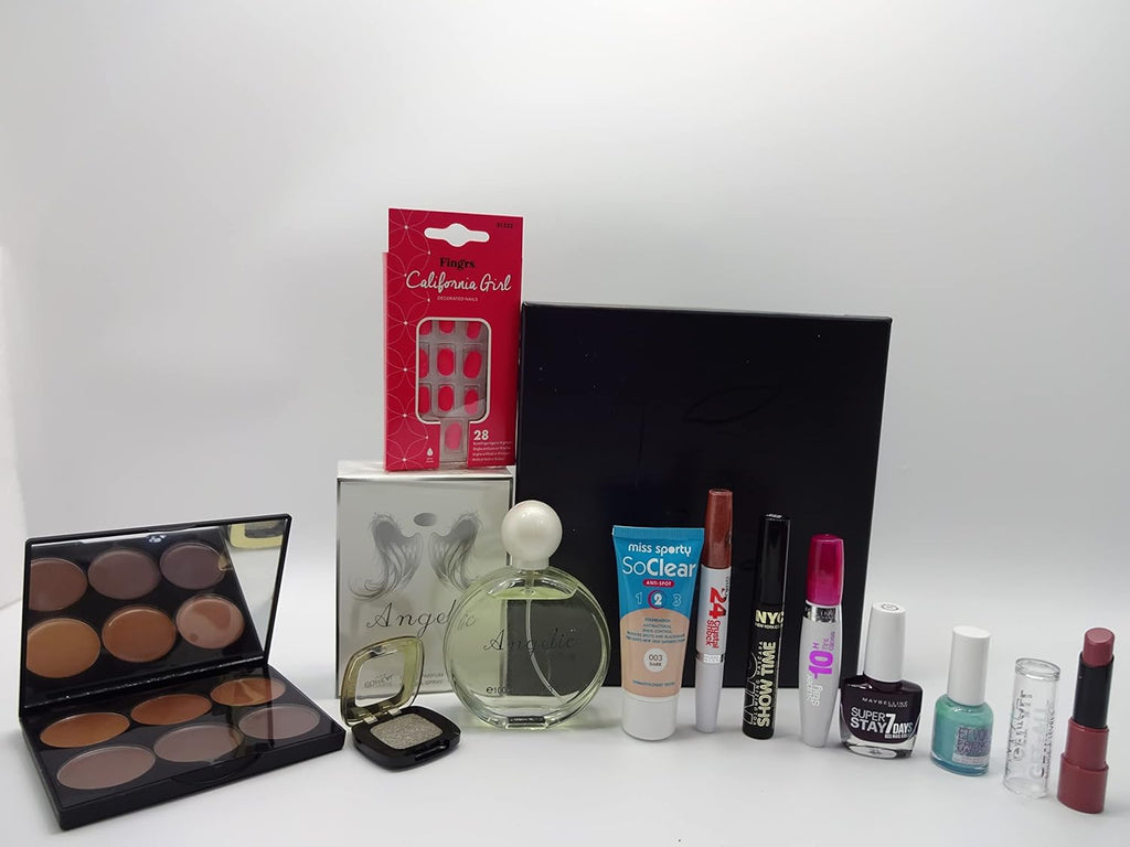 Collection of makeup and perfume items from the beauty bundle gift hamper