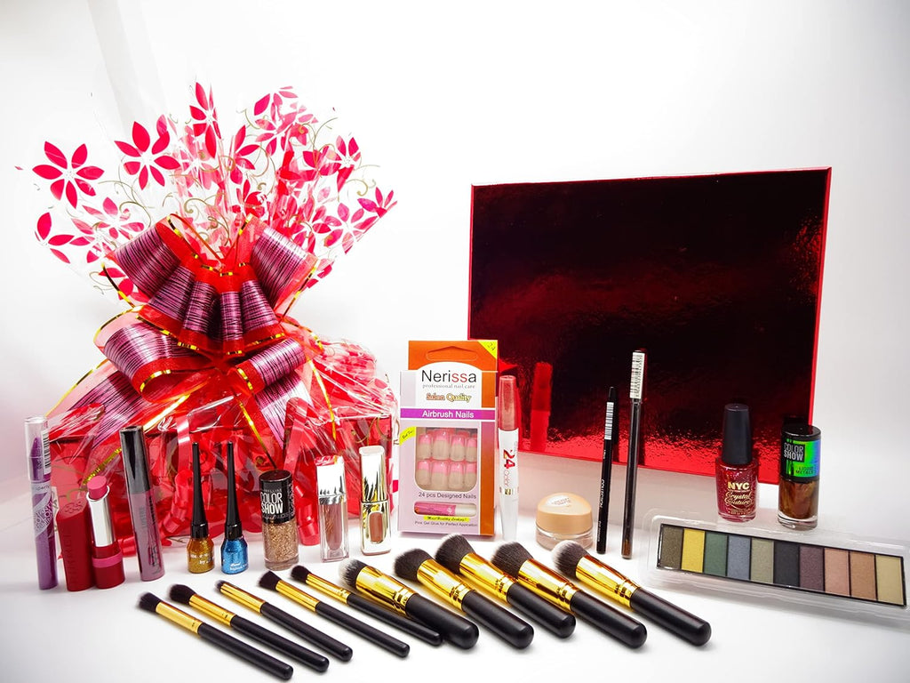 Full view of the MIX BRANDS makeup hamper, including 10 premium kabuki brushes, lipsticks, nail polish, eyeshadow, and more