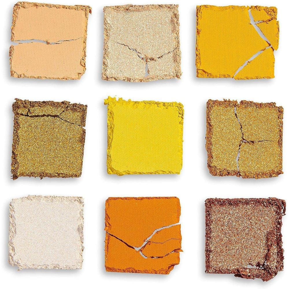 Close-up of Makeup Revolution Neo Eyeshadow cracked shades in various yellow and gold tones.