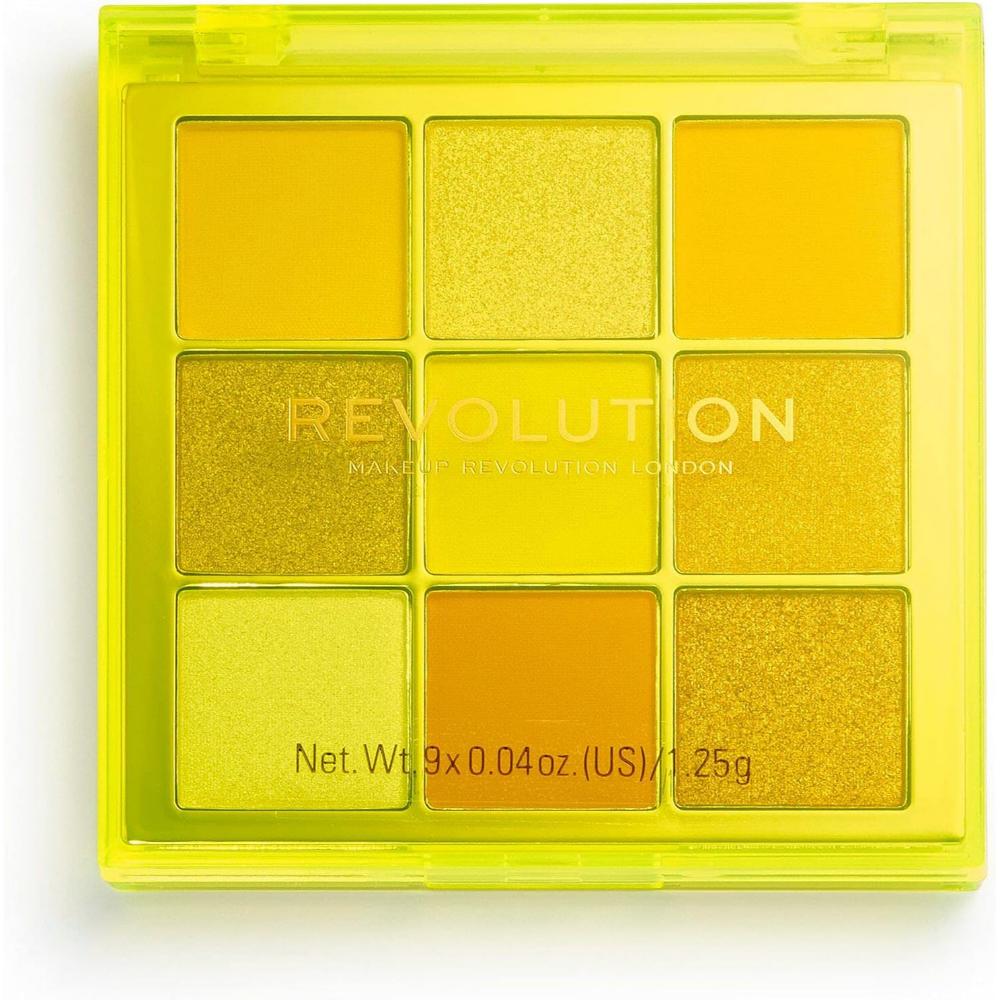 Makeup Revolution Neo Eyeshadow Palette in yellow packaging with 9 vibrant shades.