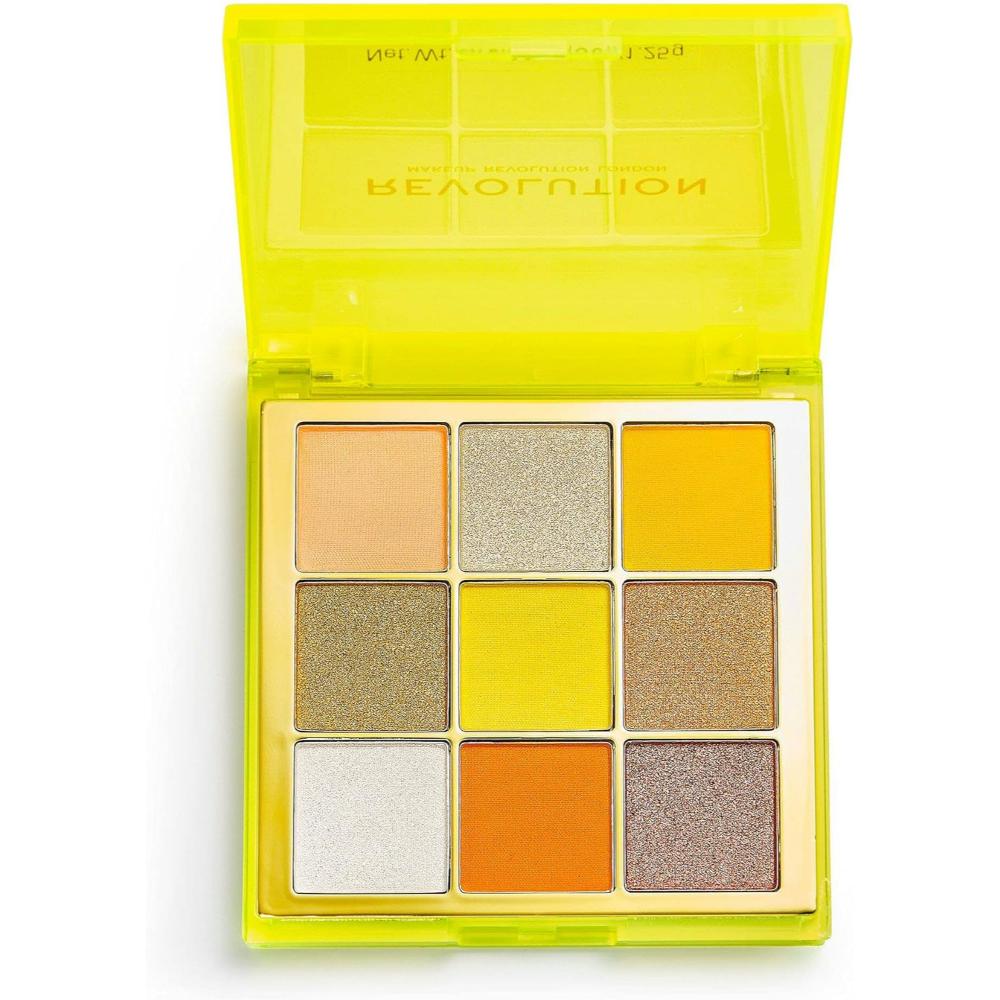 Makeup Revolution Neo Eyeshadow Palette open display with bright yellow and orange shades.