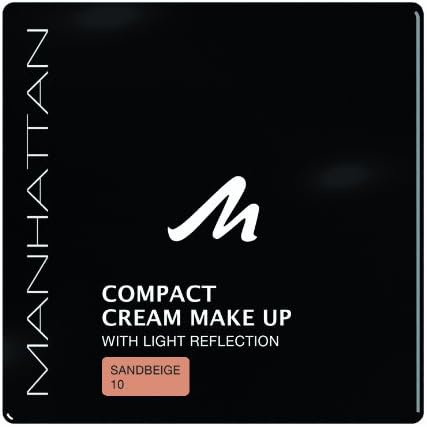 Manhattan Compact Cream Makeup in shade 10 Sand Beige, square black compact case with white and peach text highlighting light reflection formula