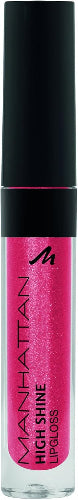 Manhattan High Shine Lip Gloss 45B in a dazzling hot pink with shimmer particles, presented in a sleek tube with a black cap