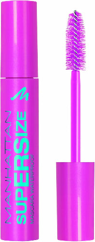 Manhattan Supersize Waterproof Mascara 1010N in a bold pink tube with turquoise lettering, shown with wand applicator
