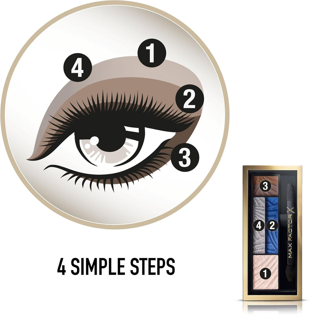 Max Factor Azure Allure Eye Makeup guide showing 4 simple steps for applying smokey blue eyeshadow look