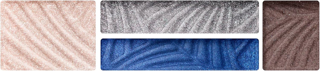 Close-up view of Max Factor Azure Allure Smokey Eye Drama Kit showing blue, silver, brown, and champagne shimmer tones