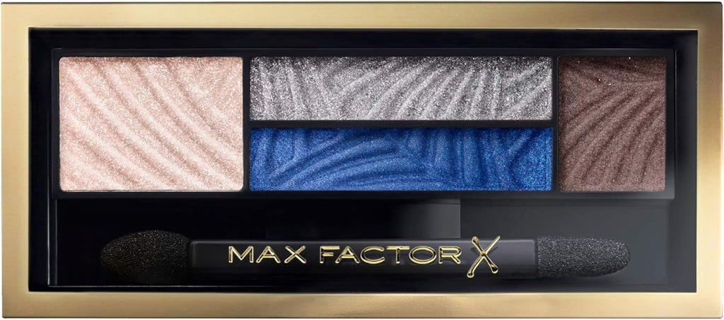 Max Factor Azure Allure Smokey Eye Drama Kit palette with shimmering blue, brown, and silver shades in a gold-edged compact
