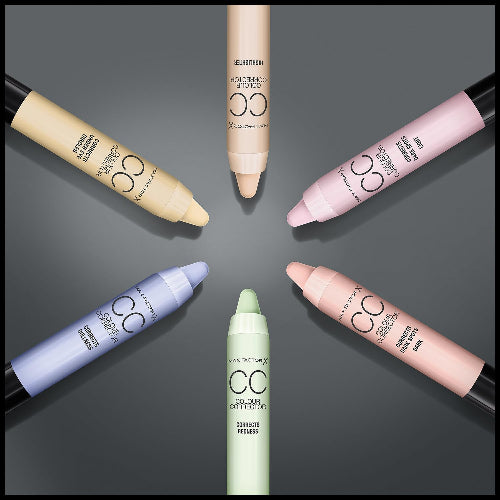 Flat-lay of six Max Factor Colour Corrector Sticks, showcasing full shade range for correcting redness, dullness, and dark spots