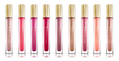 Max Factor Colour Elixir Lip Gloss lineup featuring 10 vibrant shades with gold caps in clear tubes