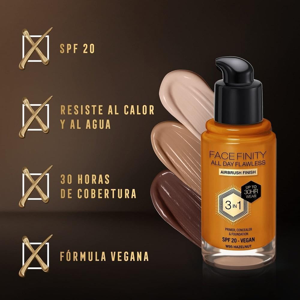 Infographic highlighting Max Factor Facefinity Foundation benefits: SPF 20, heat & water-resistant, 30-hour wear, vegan formula.