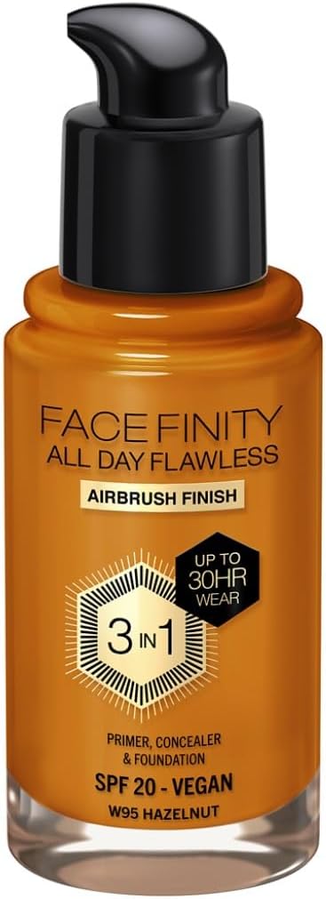 Max Factor Facefinity 3-in-1 Foundation in W95 Hazelnut showing pump dispenser for precise, mess-free application.