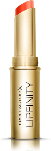 Max Factor Lipfinity Long Lasting Bullet Lipstick in shade 30 Forever Striking, 4g, bold warm red-orange in gold casing