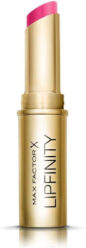 Max Factor Lipfinity Long Lasting Bullet Lipstick shade 50 Just Alluring in a gold twist-up tube, vibrant fuchsia pink color with a creamy satin finish