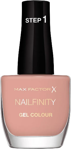 Max Factor NailFinity Gel Colour bottle in shade The Icon 200 with black 'Step 1' cap and soft nude pink gel polish