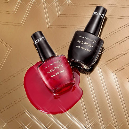 Flatlay of Max Factor Nailfinity Gel Colour in red shade and Gel Top Coat on glossy background