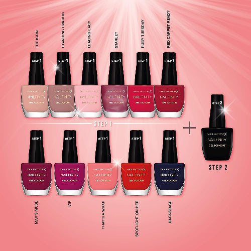 Full Max Factor Nailfinity shade range including Leading Lady 230 shown among pink and red tones