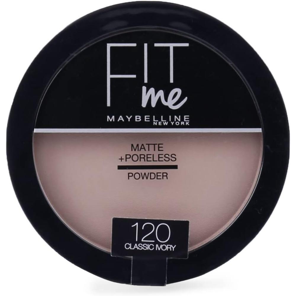 Maybelline 120 Classic Ivory Fit Me Matte & Poreless Pressed Powder in its sleek black compact with a clear lid showcasing the product's shade.