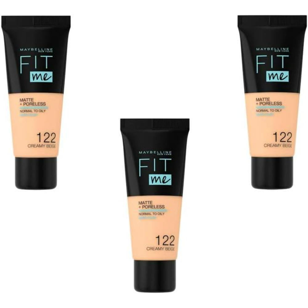 Maybelline Fit Me Matte & Poreless 122 Creamy Beige Foundation (Pack of 3) tubes for smooth, natural finish