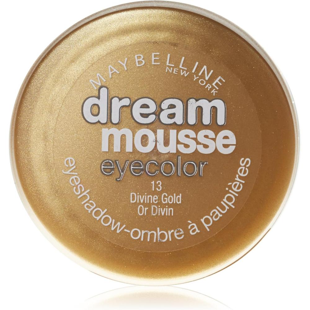 Maybelline Dream Mousse Eye Color in 13 Divine Gold, pot lid view with product name and shade.