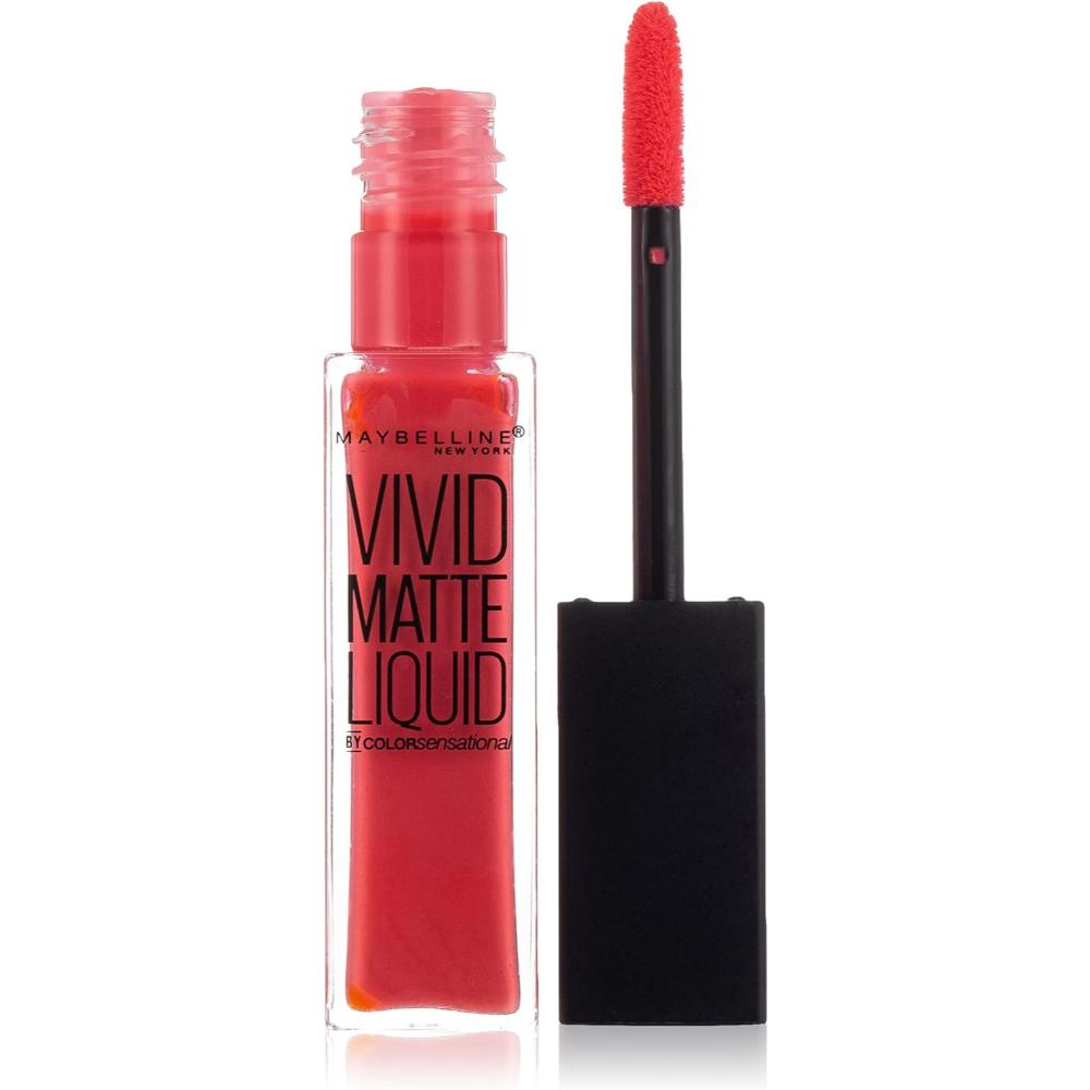 Maybelline 20 Coral Courage Color Sensational Vivid Matte Liquid Lipstick tube with applicator brush