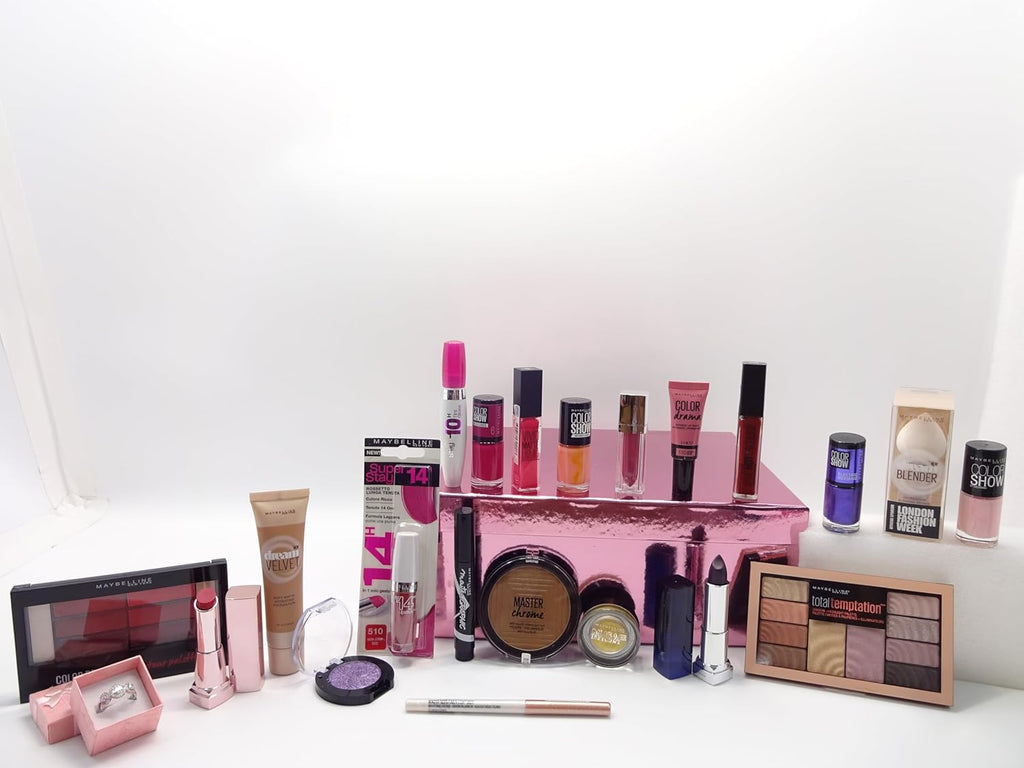 Closeup view of the Maybelline 22pc blockbuster beauty bundle with various makeup items including lipsticks, contour palette, and nail polish.