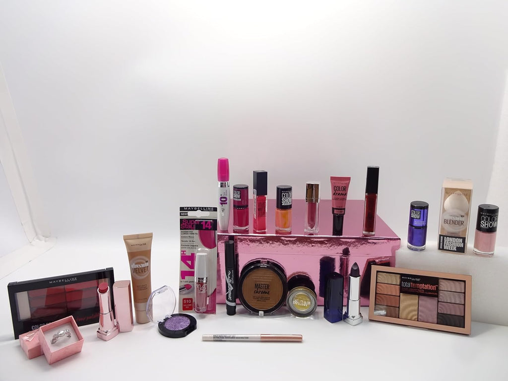 Wide-angle view of Maybelline 22-piece cosmetics bundle with vibrant packaging