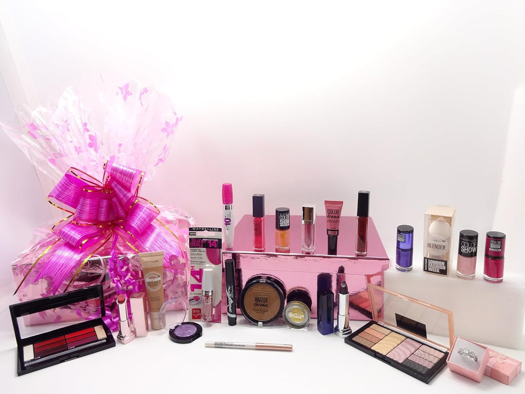 Maybelline luxury 22-piece makeup beauty bundle set, featuring lipsticks, eyeshadow palettes, nail polish, and foundation displayed beautifully.