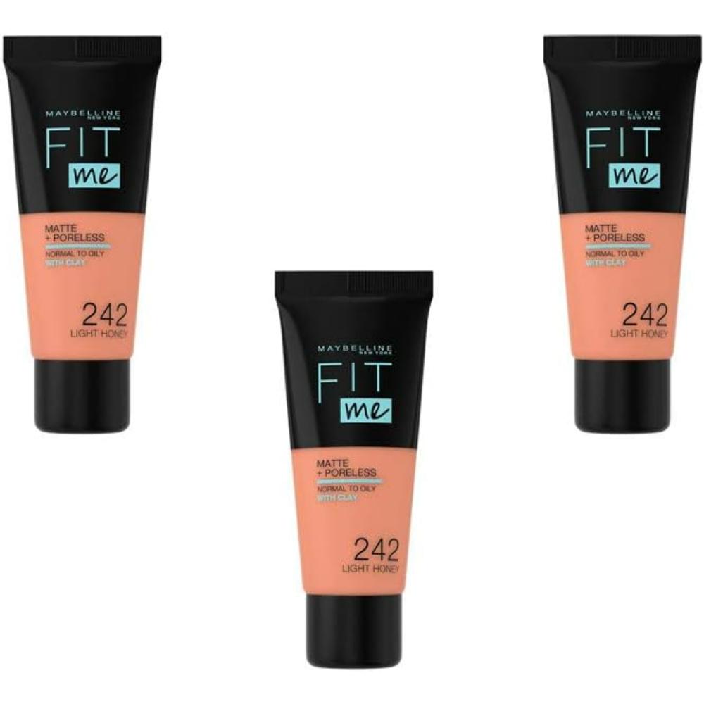 Maybelline Fit Me Foundation Matte & Poreless 242 Light Honey in a convenient 3-pack for full coverage and blendable foundation