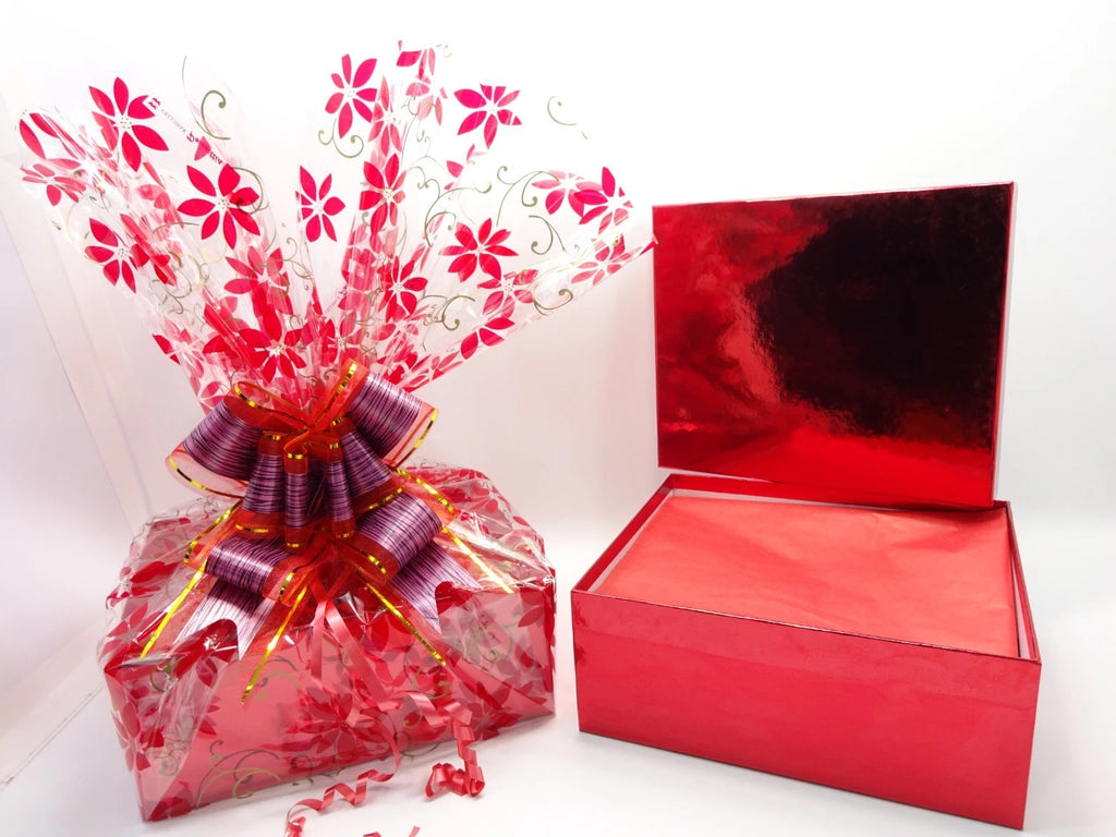 Red luxury box with tissue wrapping inside Maybelline 26pc Makeup Gift Hamper