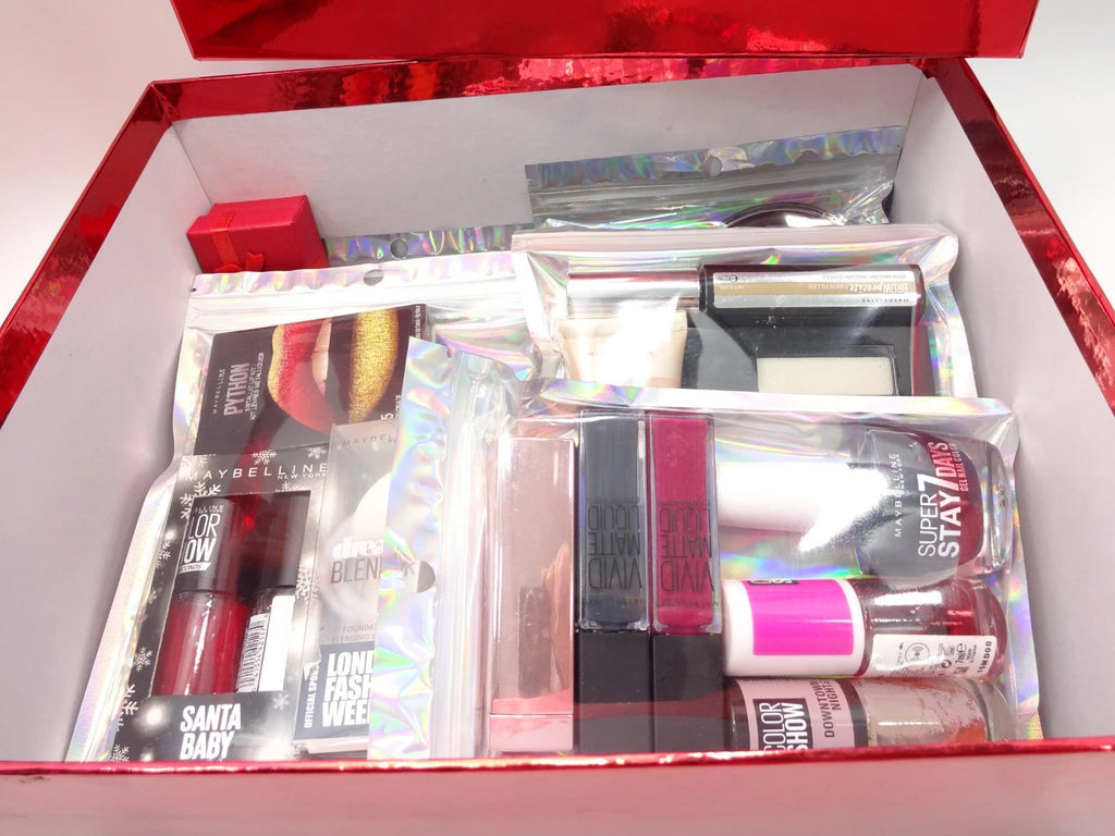 Closed red luxury box from Maybelline 26pc Makeup Gift Hamper
