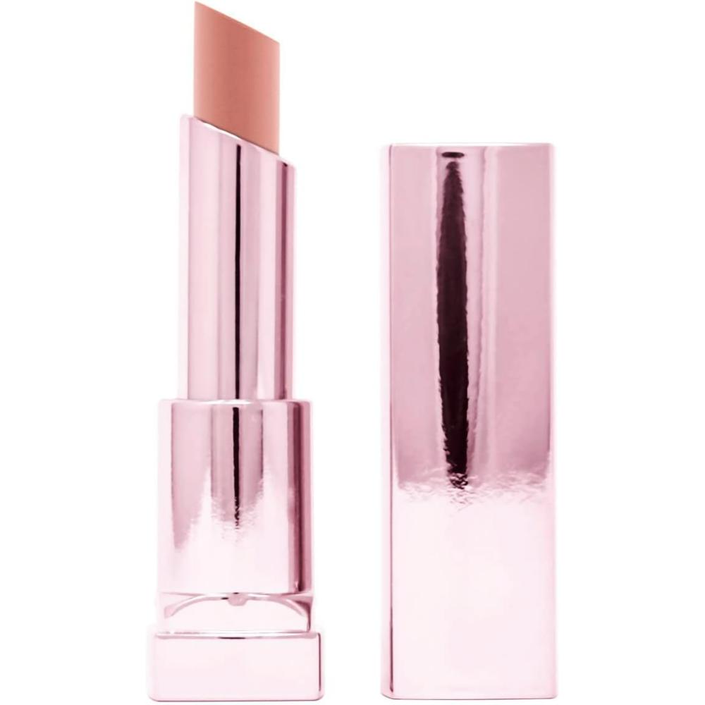 Maybelline Color Sensational Shine Compulsion Lipstick in 50 Baddest Beige open lipstick tube with sleek metallic finish.