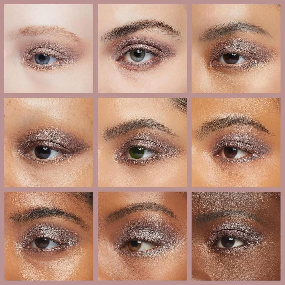 Close-up of different eye looks created with Maybelline 500 Gilded Rose Color Tattoo Liquid Eye Chrome, showcasing the metallic finish on various skin tones