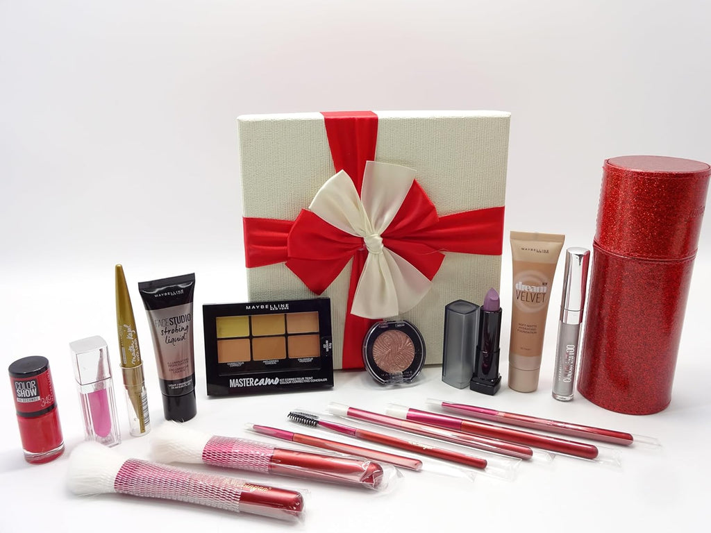 Display of the Maybelline 9-piece makeup beauty bundle including lipsticks, brush set, foundation, and more