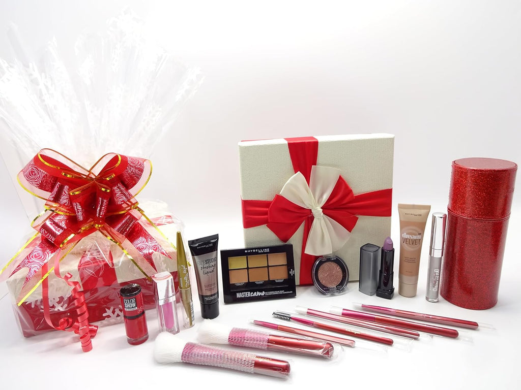 Maybelline 9-piece beauty bundle with red and white gift box, kabuki brush set, and makeup items arranged