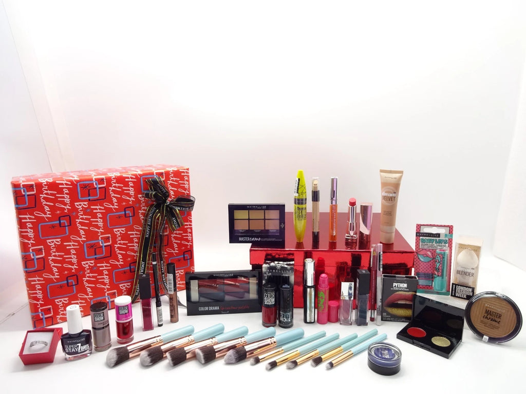 Maybelline Birthday 26 piece beauty box gift set with 10 makeup brushes and ring for women