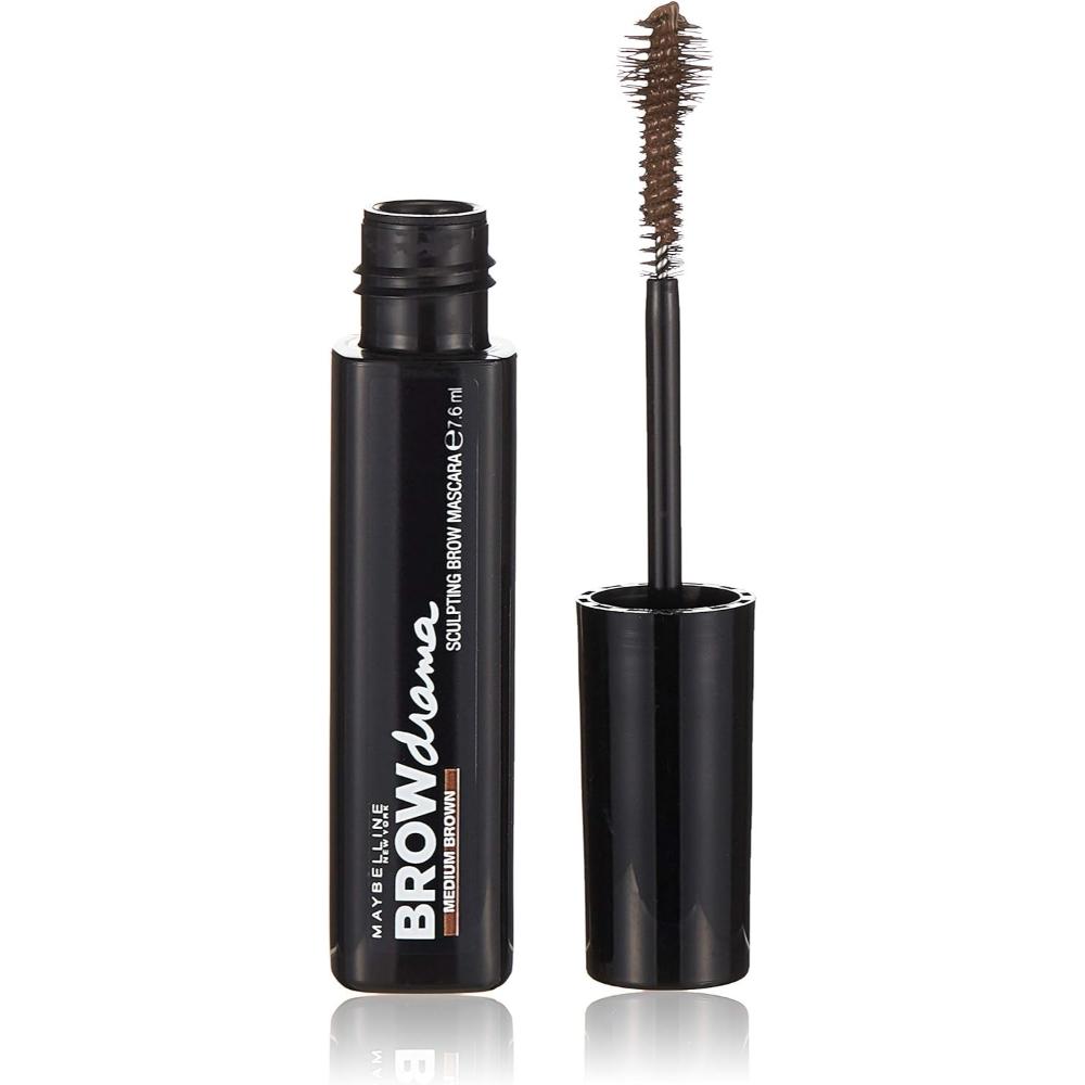 Maybelline Brow Drama Sculpting Brow Mascara Medium Brown tube with wand and brush