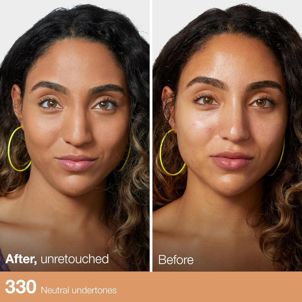 Before and after of Maybelline Fit Me Foundation 330 Toffee shade applied on a model with neutral undertones