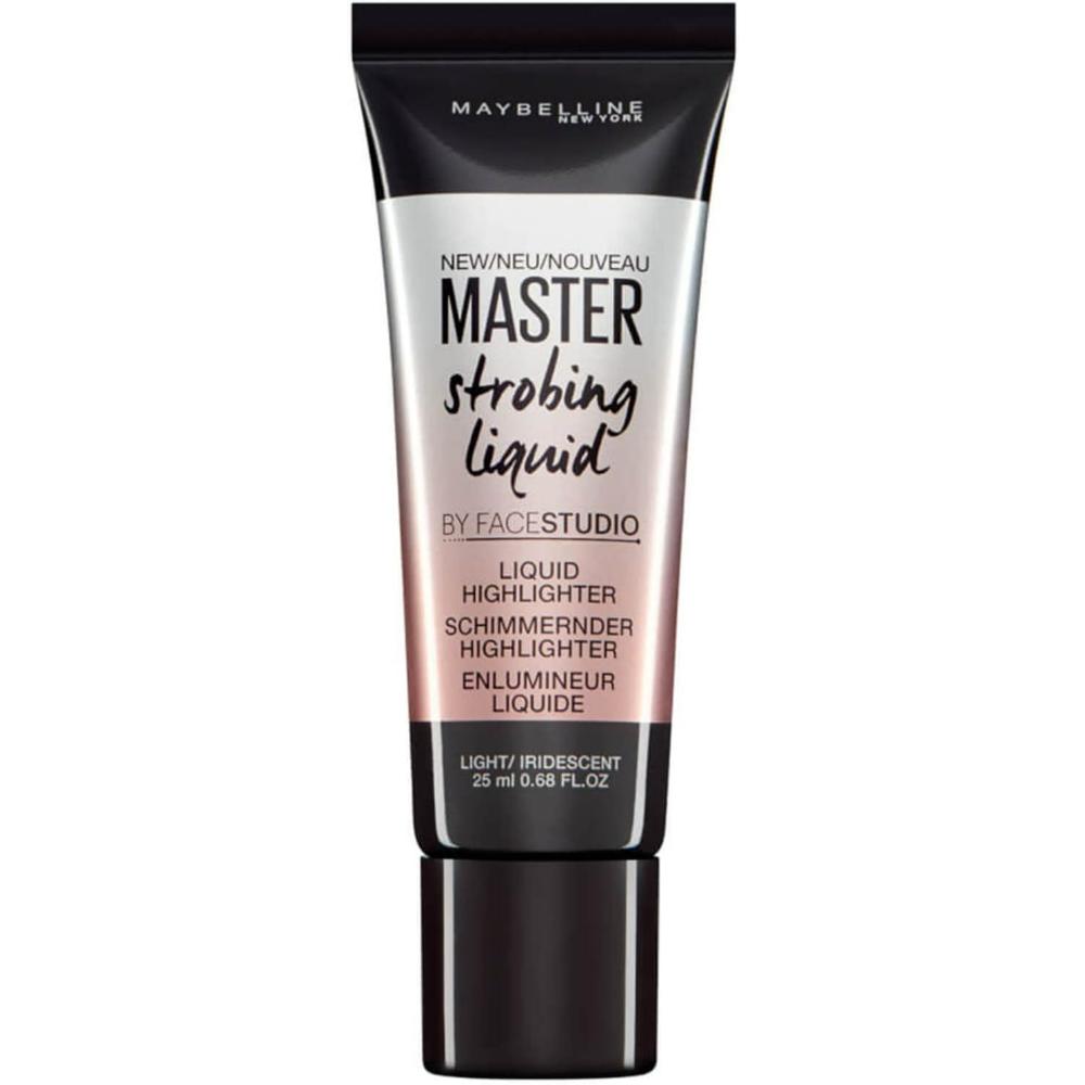 Maybelline Master Strobing Liquid in Light Iridescent, 25ml tube with sleek design and product details.