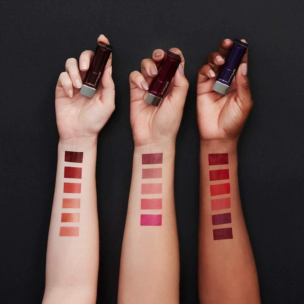 Maybelline lipstick swatches in various shades on different skin tones