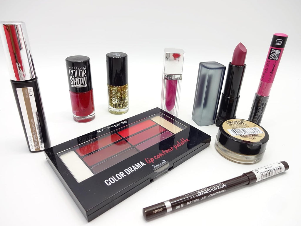 Close-up of Maybelline makeup products in the bundle, featuring lipsticks, eyeshadow palette, and nail polishes